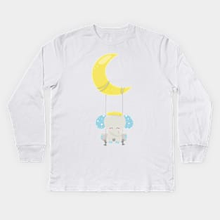 Cute Elephant, Elephant On A Swing, Crown, Moon Kids Long Sleeve T-Shirt